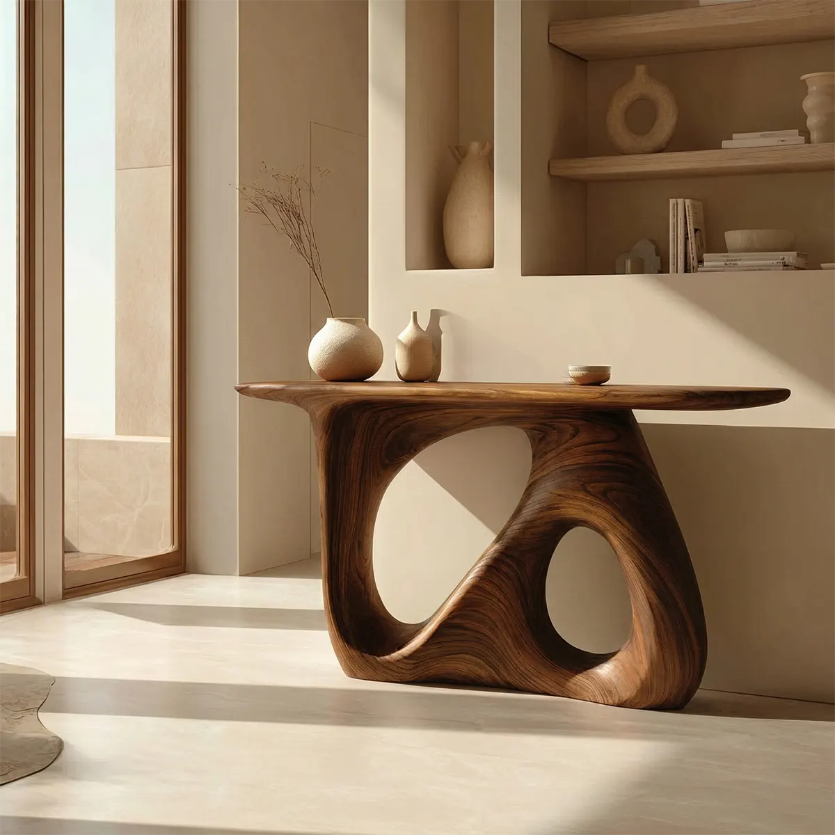 Sculptural Organic Solid Wood Console Table for Modern Interiors - Woodenecho