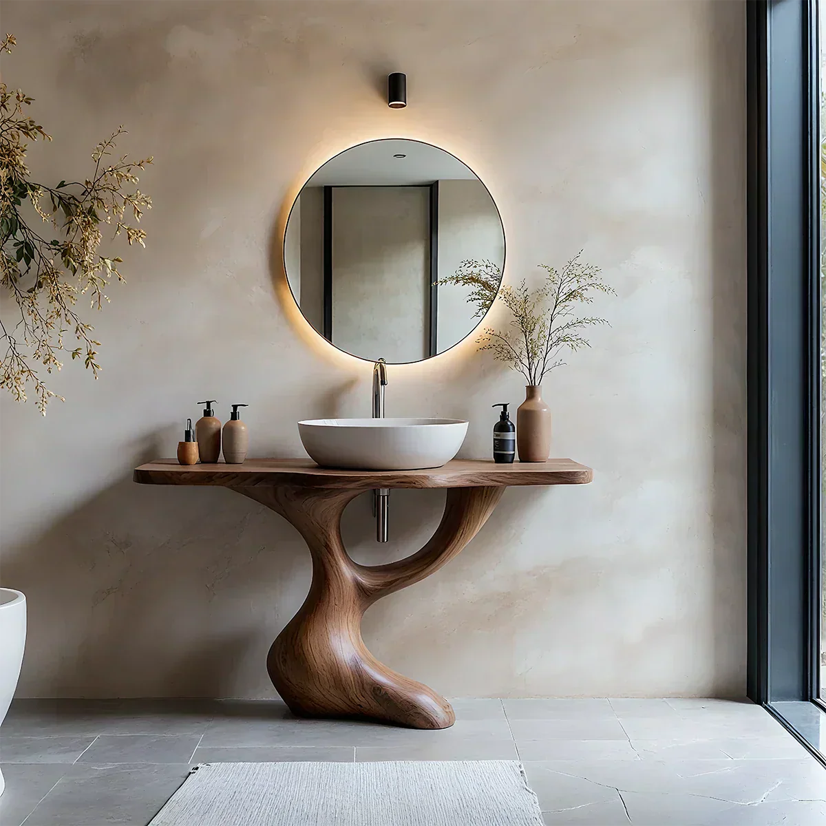 Sculptural Pedestal Wood Vanity – Organic Modern Bathroom Sink Table - Elitegemse