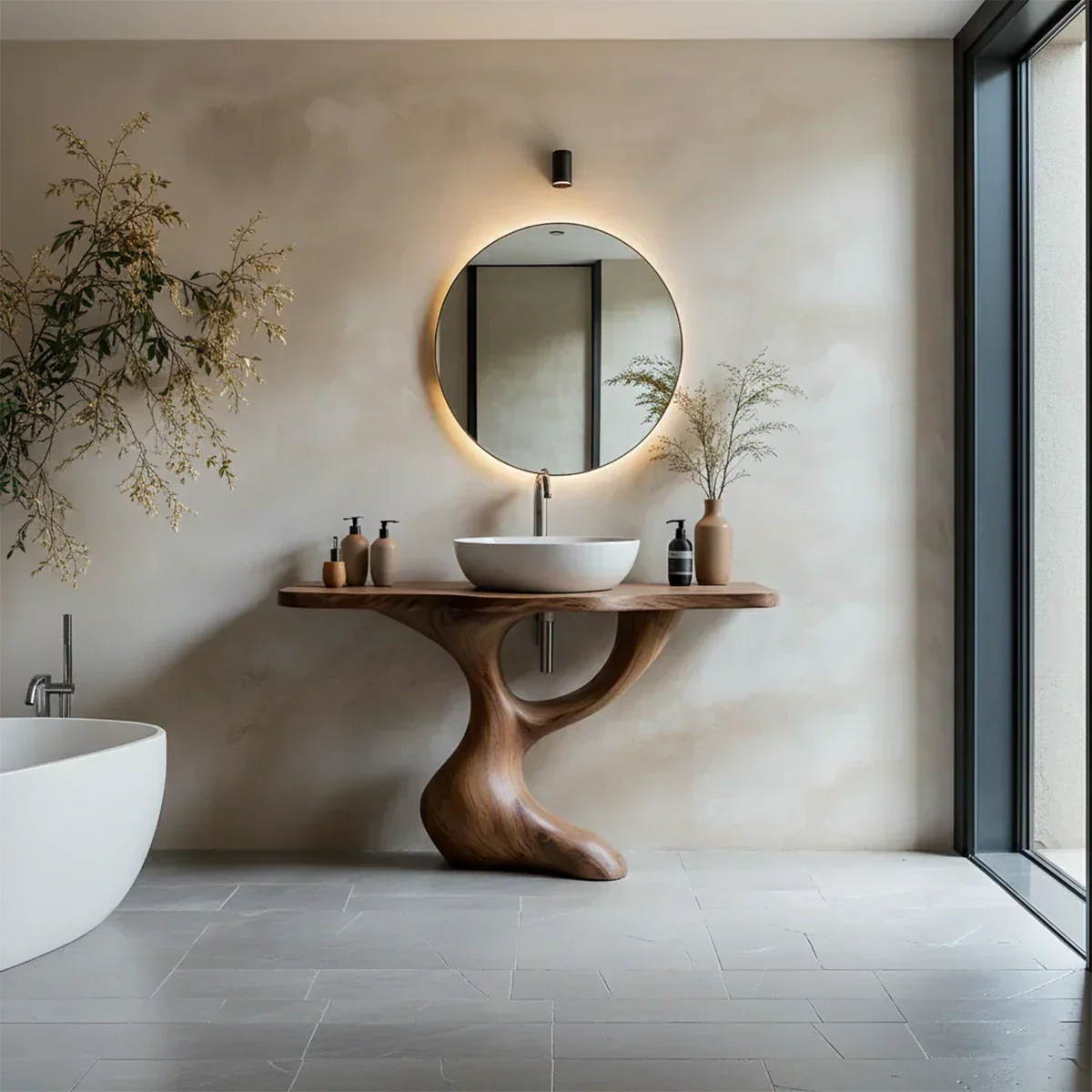 Sculptural Pedestal Wood Vanity – Organic Modern Bathroom Sink Table - Elitegemse