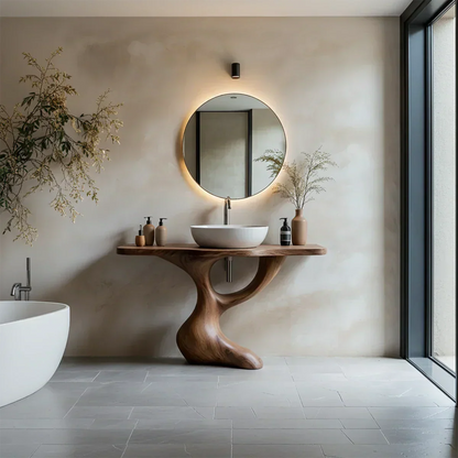 Sculptural Pedestal Wood Vanity – Organic Modern Bathroom Sink Table - Elitegemse