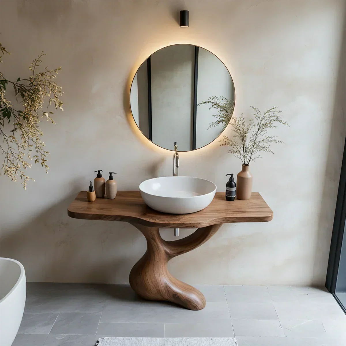 Sculptural Pedestal Wood Vanity – Organic Modern Bathroom Sink Table - Elitegemse