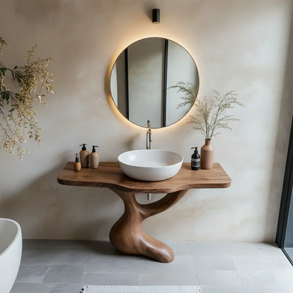 Sculptural Pedestal Wood Vanity – Organic Modern Bathroom Sink Table - Elitegemse