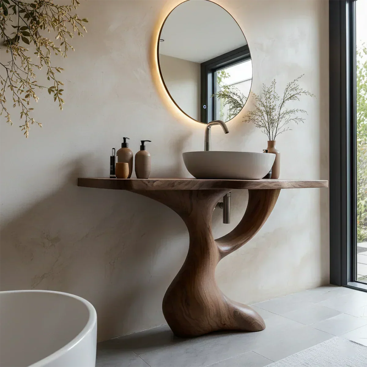Sculptural Pedestal Wood Vanity – Organic Modern Bathroom Sink Table - Elitegemse