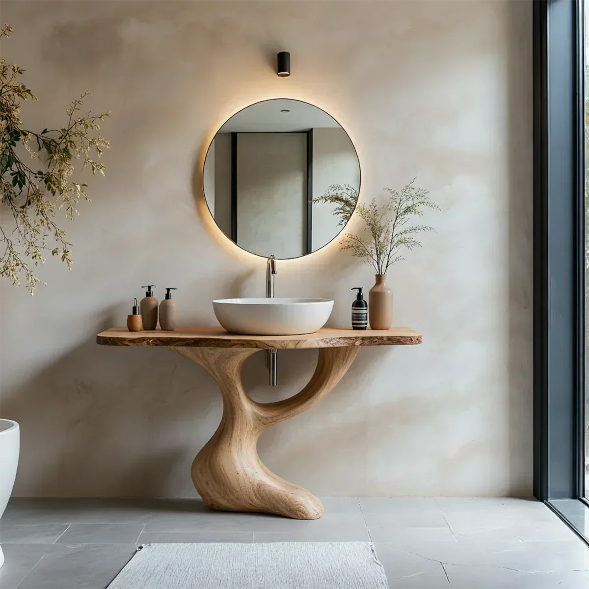 Sculptural Pedestal Wood Vanity – Organic Modern Bathroom Sink Table - Elitegemse