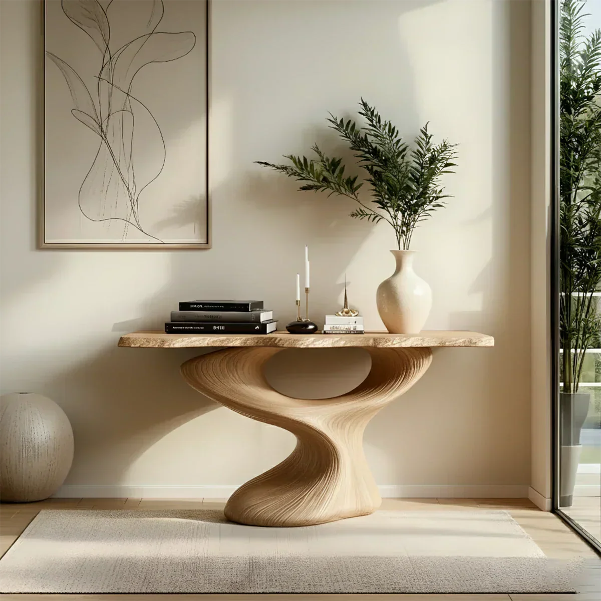 Sculptural Solid Wood Console — Modern Art Entry Table - Elitegemse