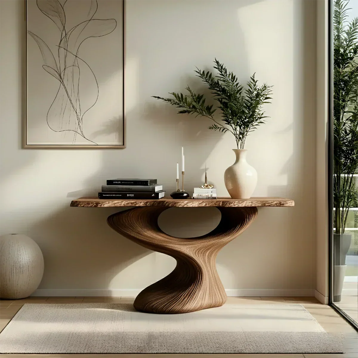 Sculptural Solid Wood Console — Modern Art Entry Table - Elitegemse