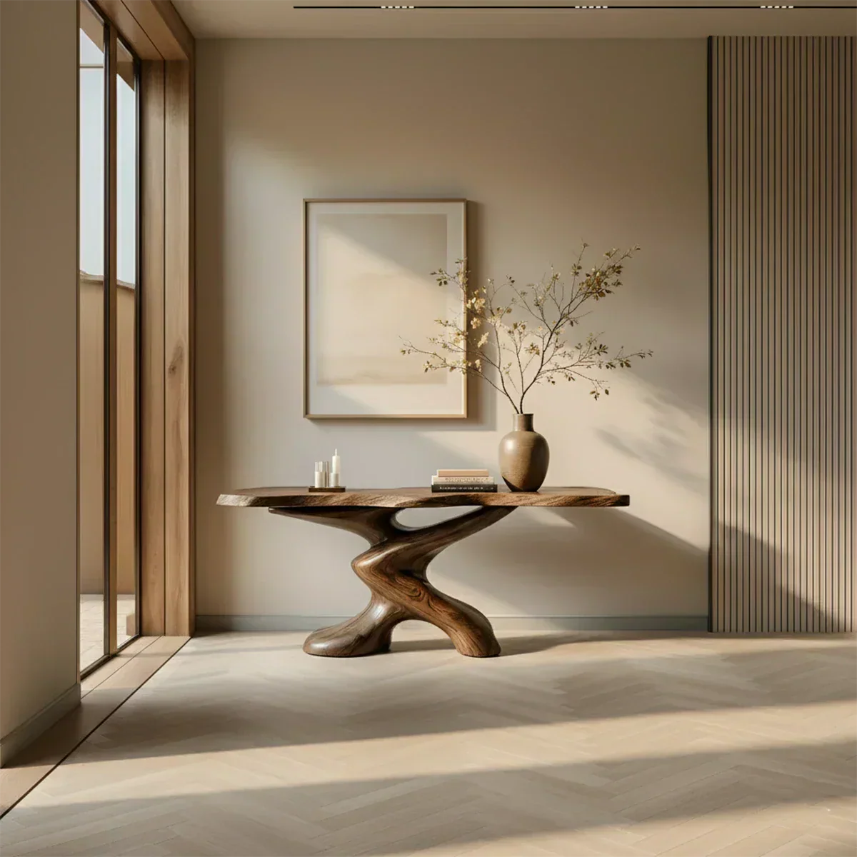Sculptural Solid Wood Console Table — Organic Japandi Entryway Art Piece - Elitegemse