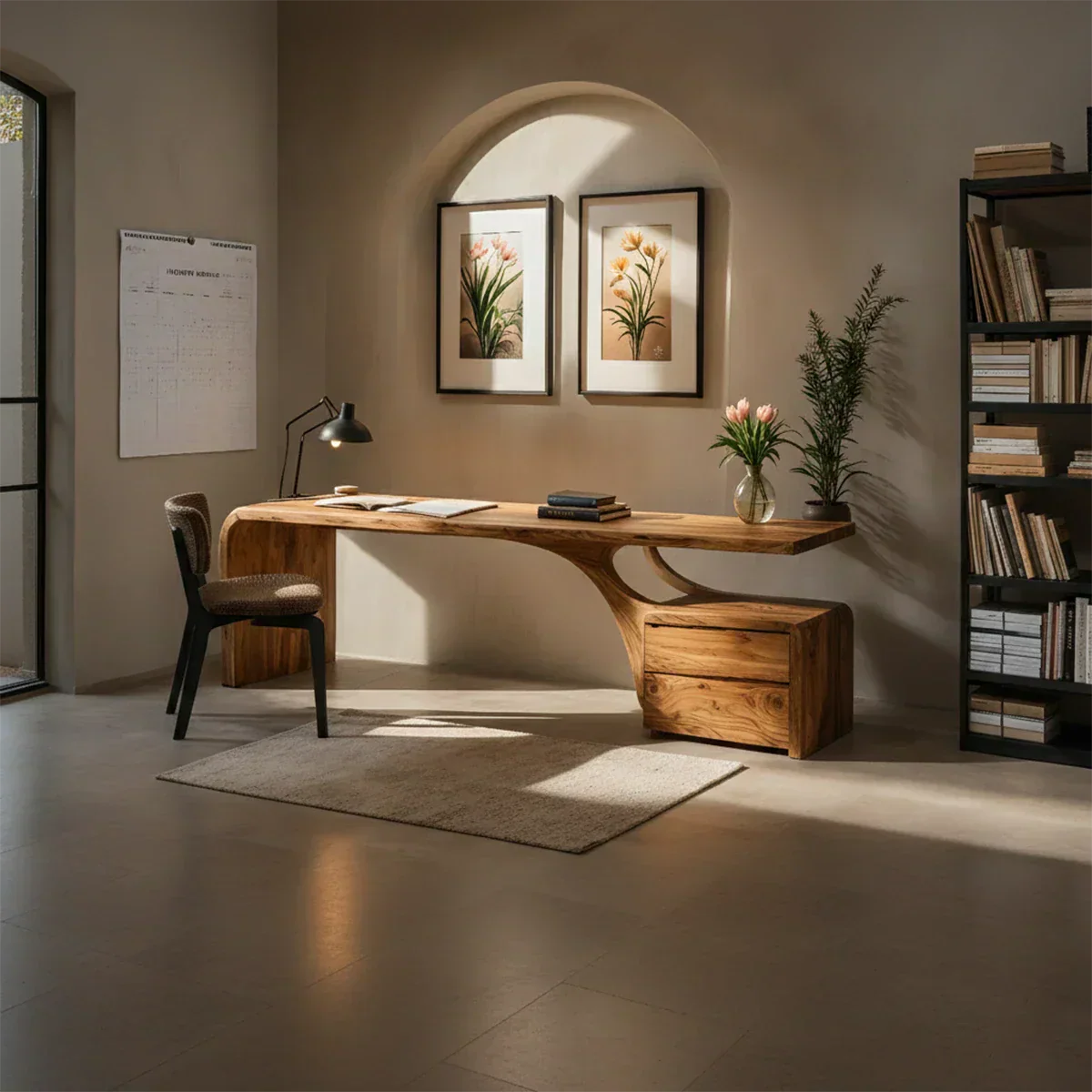 Sculptural Solid Wood Desk with Rustic Curved Base & Storage - Rustirawood
