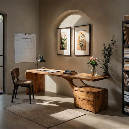 Sculptural Solid Wood Desk with Rustic Curved Base & Storage - Woodenecho