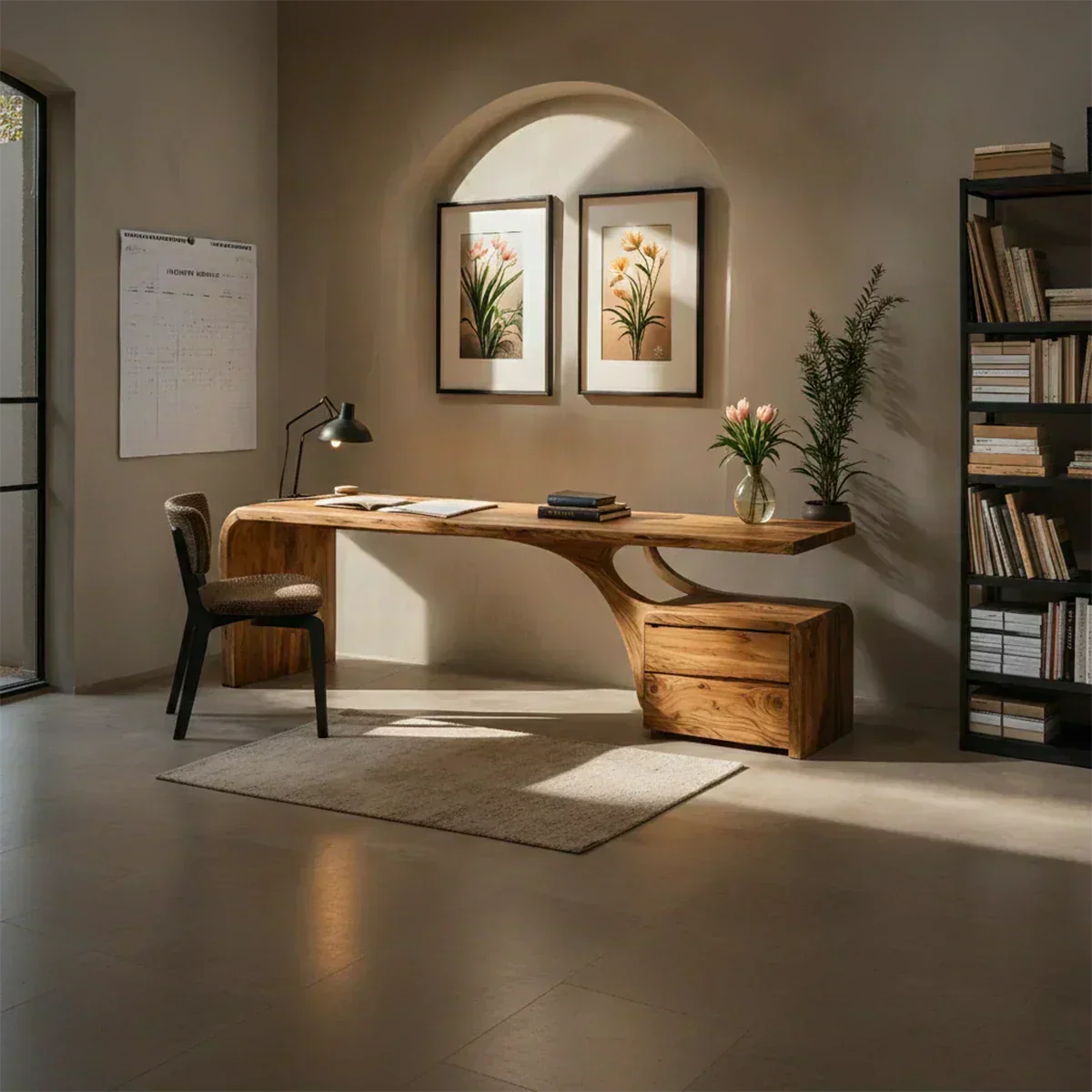 Sculptural Solid Wood Desk with Rustic Curved Base & Storage - Woodenecho