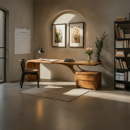Sculptural Solid Wood Desk with Rustic Curved Base & Storage - Woodenecho