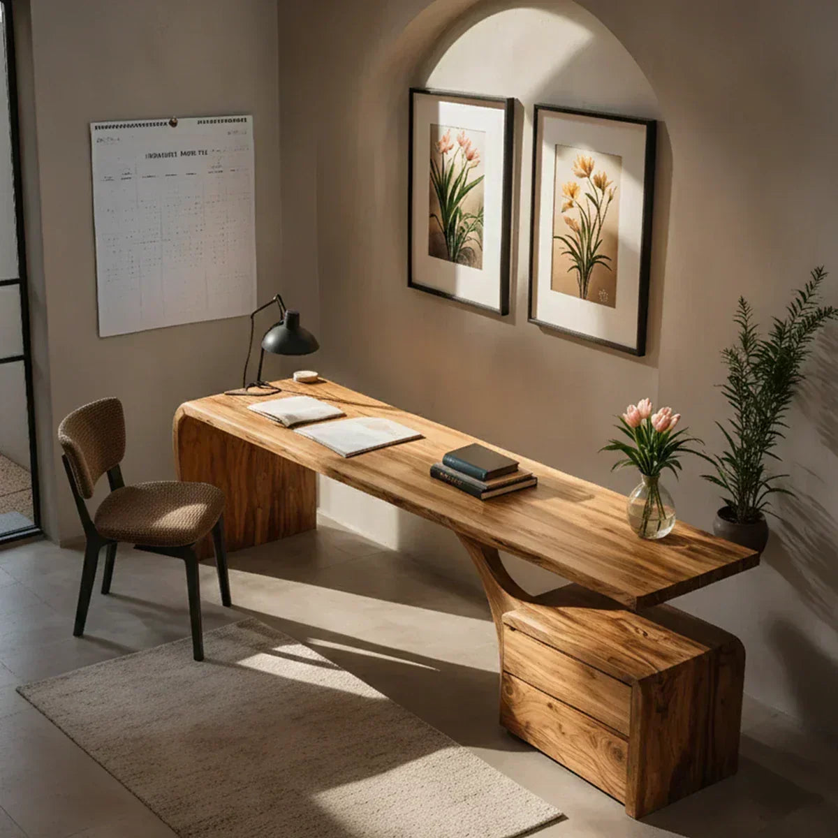 Sculptural Solid Wood Desk with Rustic Curved Base & Storage - Woodenecho