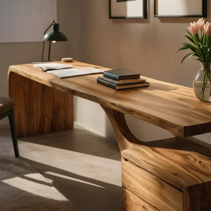 Sculptural Solid Wood Desk with Rustic Curved Base & Storage - Woodenecho