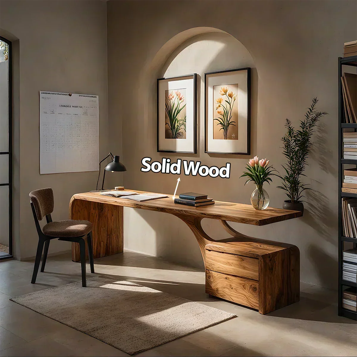 Sculptural Solid Wood Desk with Rustic Curved Base & Storage - Woodenecho