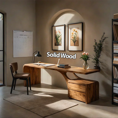 Sculptural Solid Wood Desk with Rustic Curved Base & Storage - Woodenecho