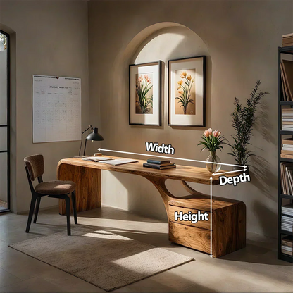 Sculptural Solid Wood Desk with Rustic Curved Base & Storage - Woodenecho