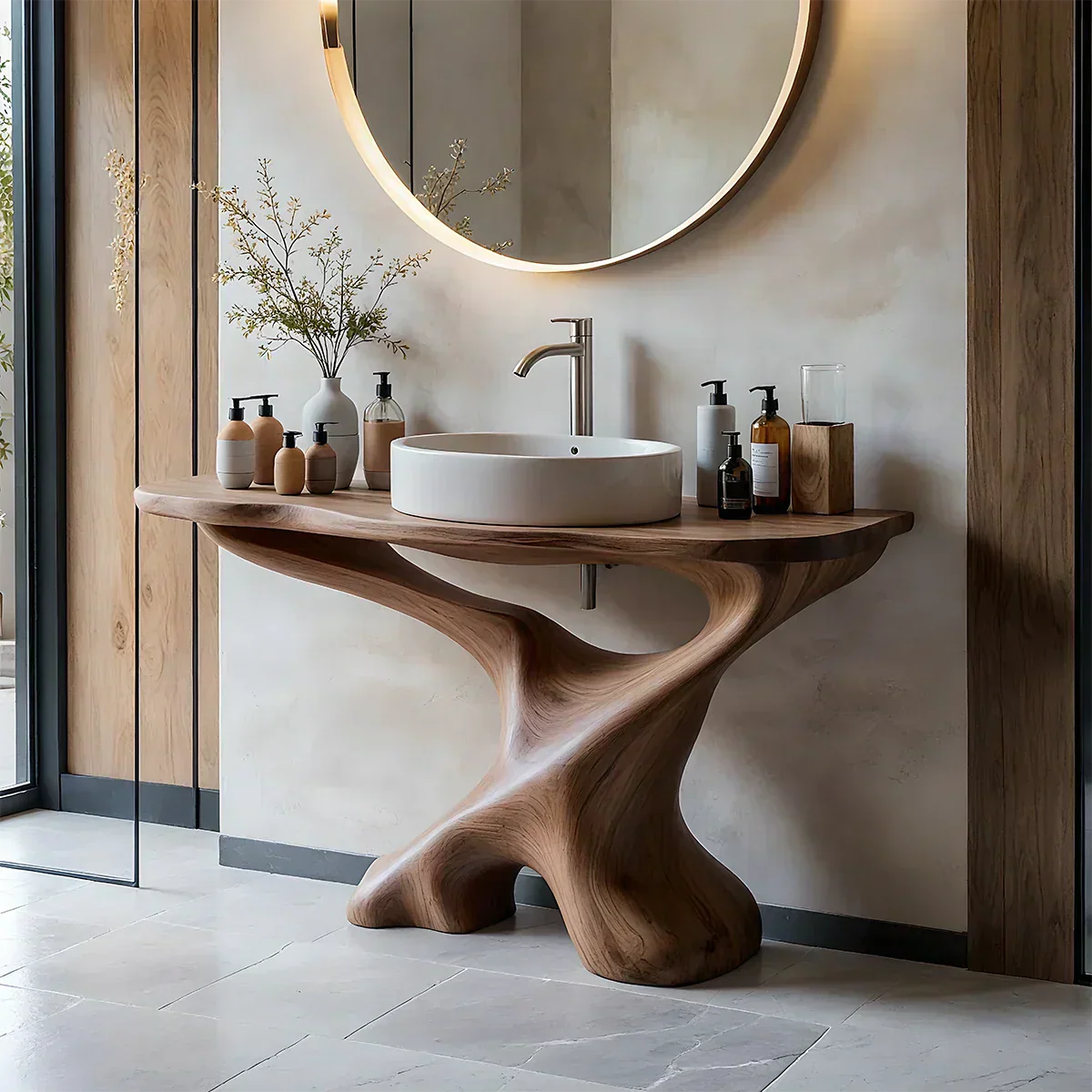 Sculptural Solid Wood Pedestal Vanity – Modern Bathroom Sink Stand - Elitegemse
