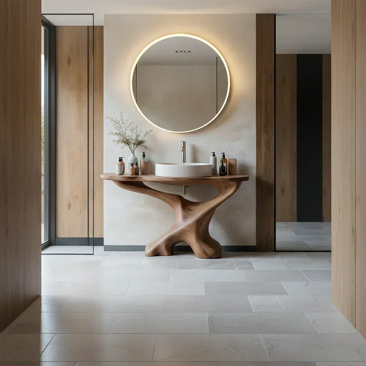Sculptural Solid Wood Pedestal Vanity – Modern Bathroom Sink Stand - Elitegemse