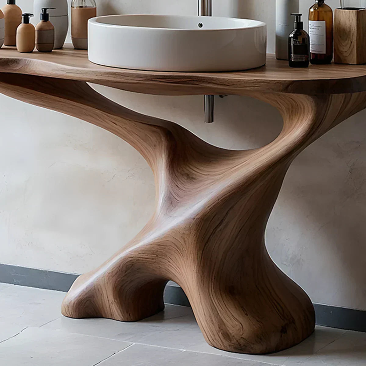 Sculptural Solid Wood Pedestal Vanity – Modern Bathroom Sink Stand - Elitegemse