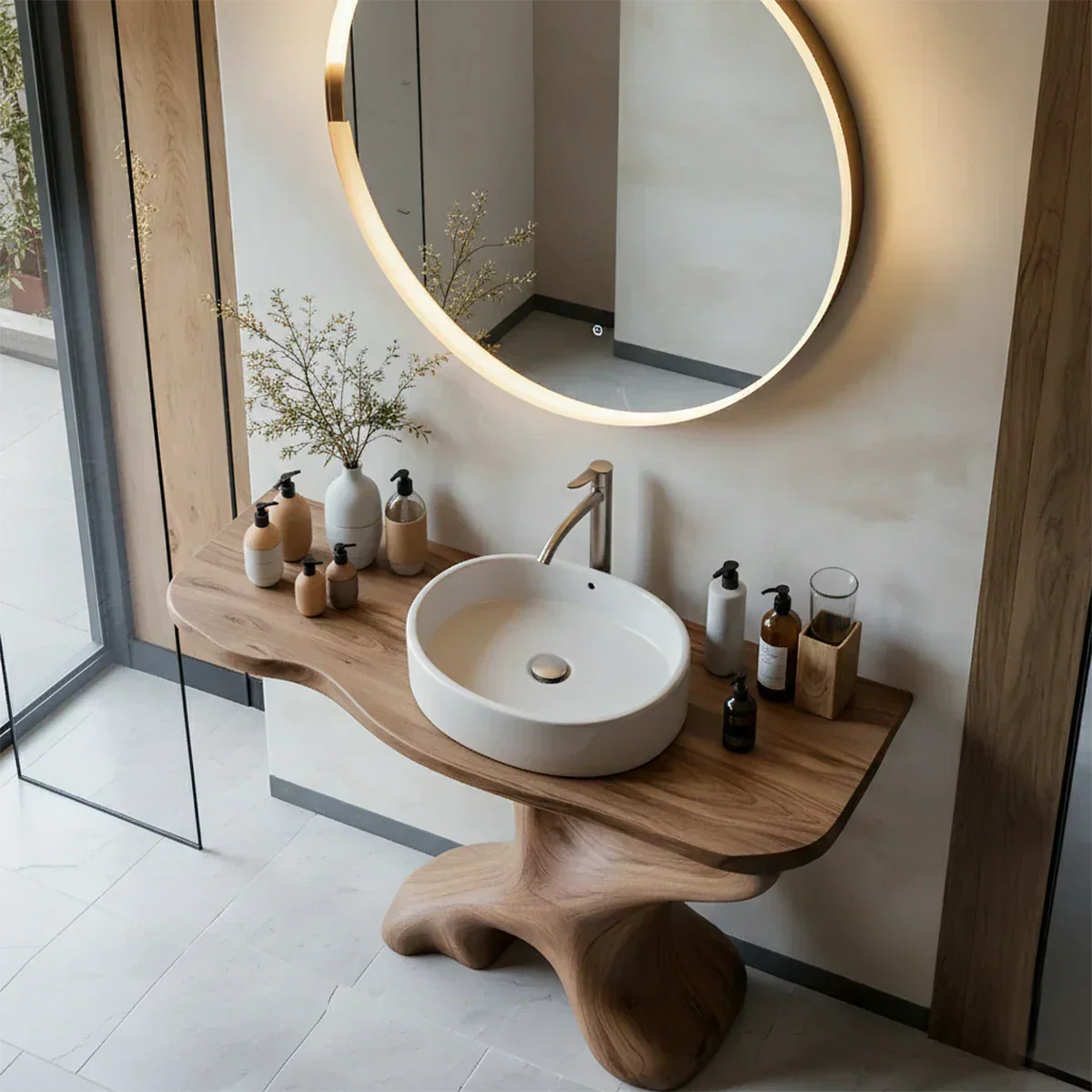 Sculptural Solid Wood Pedestal Vanity – Modern Bathroom Sink Stand - Elitegemse