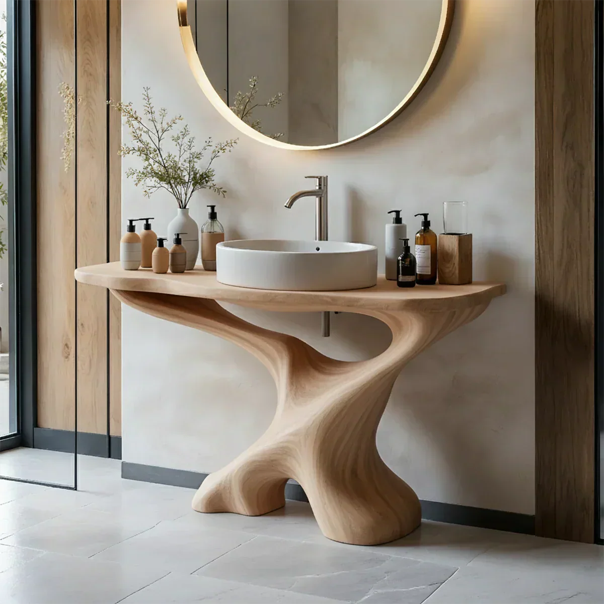 Sculptural Solid Wood Pedestal Vanity – Modern Bathroom Sink Stand - Elitegemse