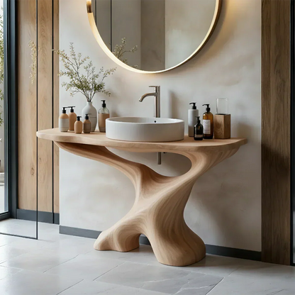 Sculptural Solid Wood Pedestal Vanity – Modern Bathroom Sink Stand - Elitegemse