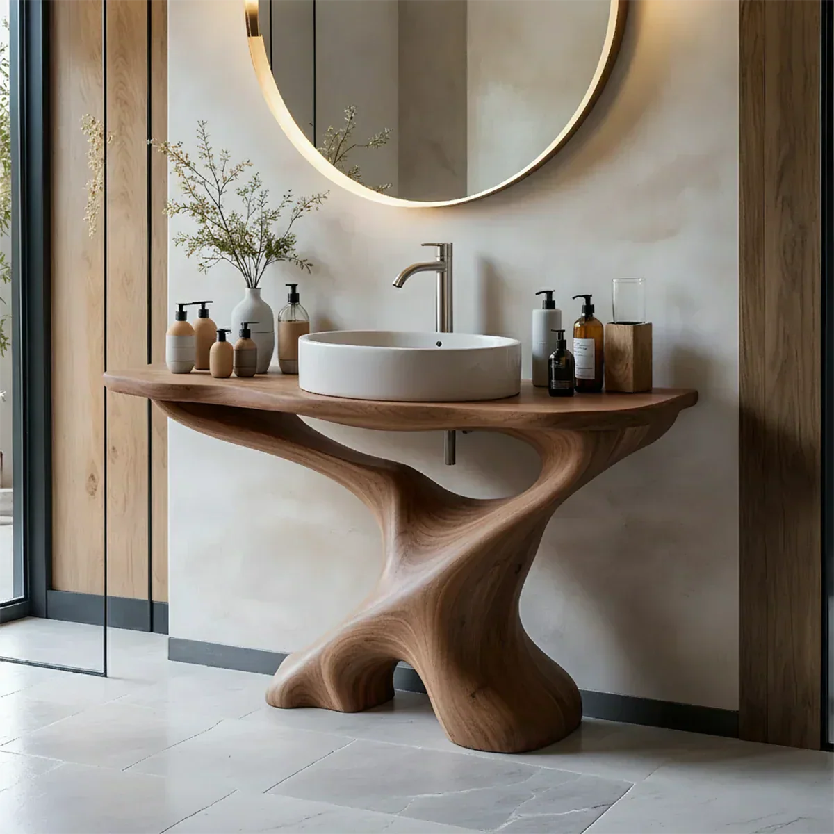 Sculptural Solid Wood Pedestal Vanity – Modern Bathroom Sink Stand - Elitegemse