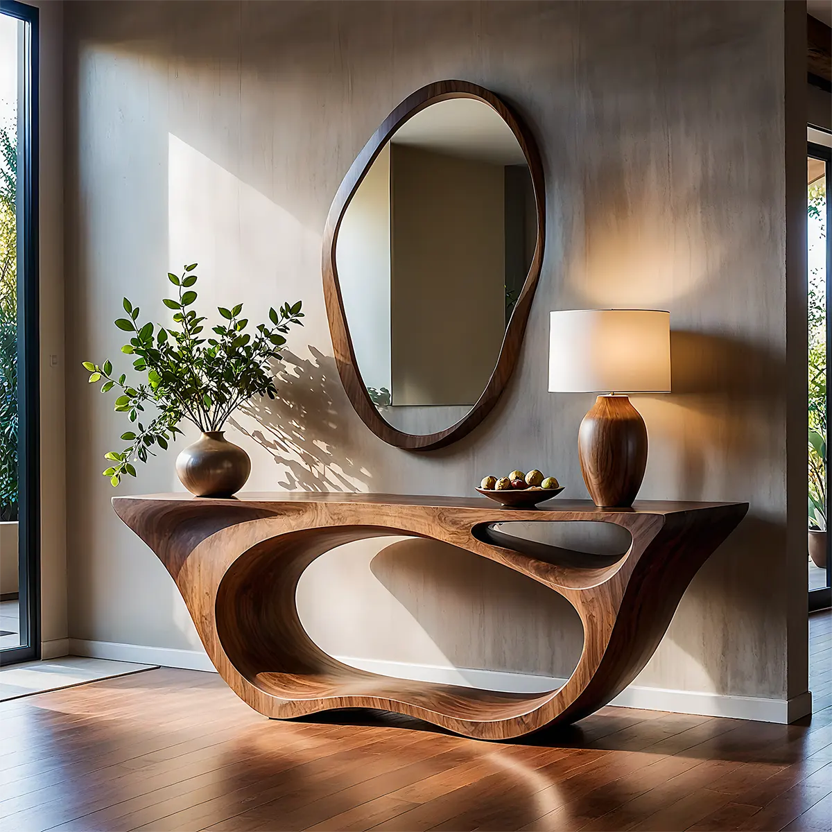 Sculptural Walnut Console Table – Double Loop Wood Design - Elitegemse