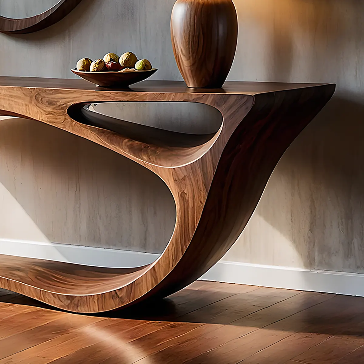 Sculptural Walnut Console Table – Double Loop Wood Design - Elitegemse