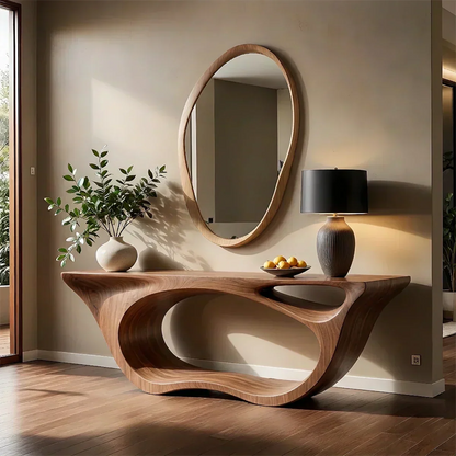 Sculptural Walnut Finish Console Table – Double Loop Wood Design - Woodenecho