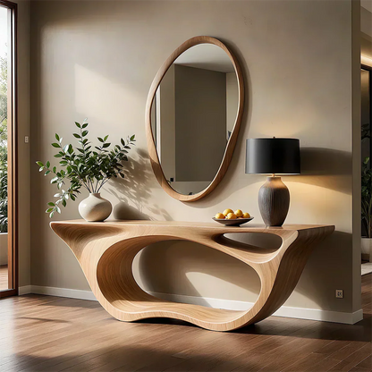 Sculptural Walnut Finish Console Table – Double Loop Wood Design - Woodenecho