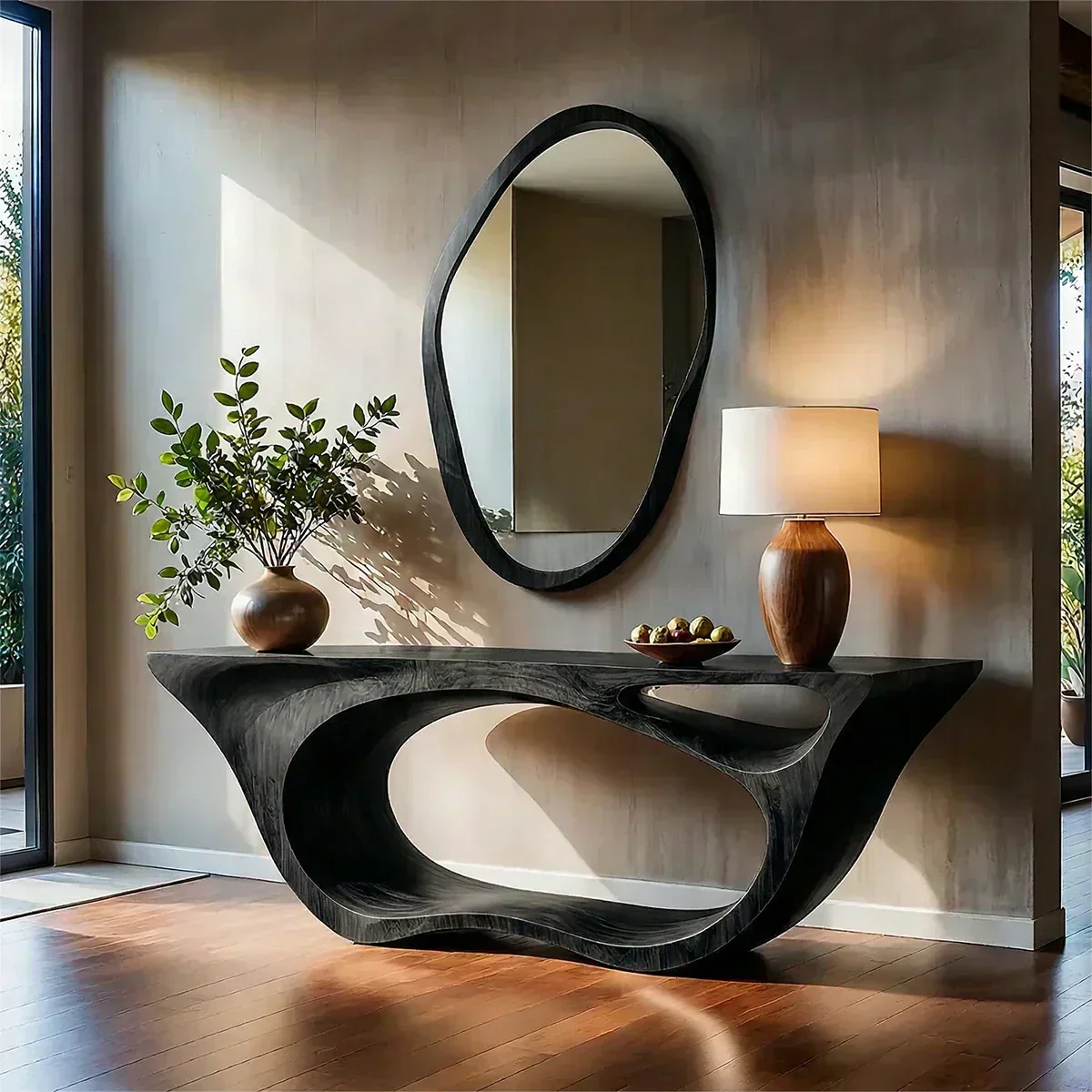 Sculptural Walnut Finish Console Table – Double Loop Wood Design - Woodenecho