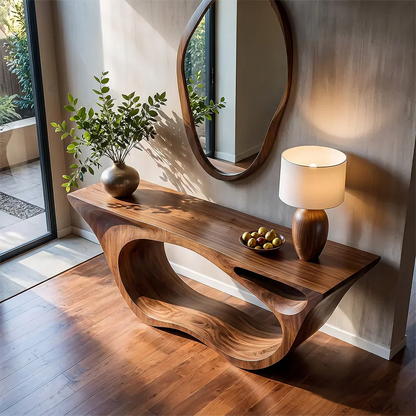 Sculptural Walnut Finish Console Table – Double Loop Wood Design - Woodenecho