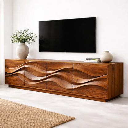 Sculptural Wave Front Solid Wood TV Stand with Storage Cabinets - Elitegemse