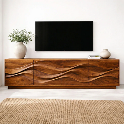 Sculptural Wave Front Solid Wood TV Stand with Storage Cabinets - Elitegemse