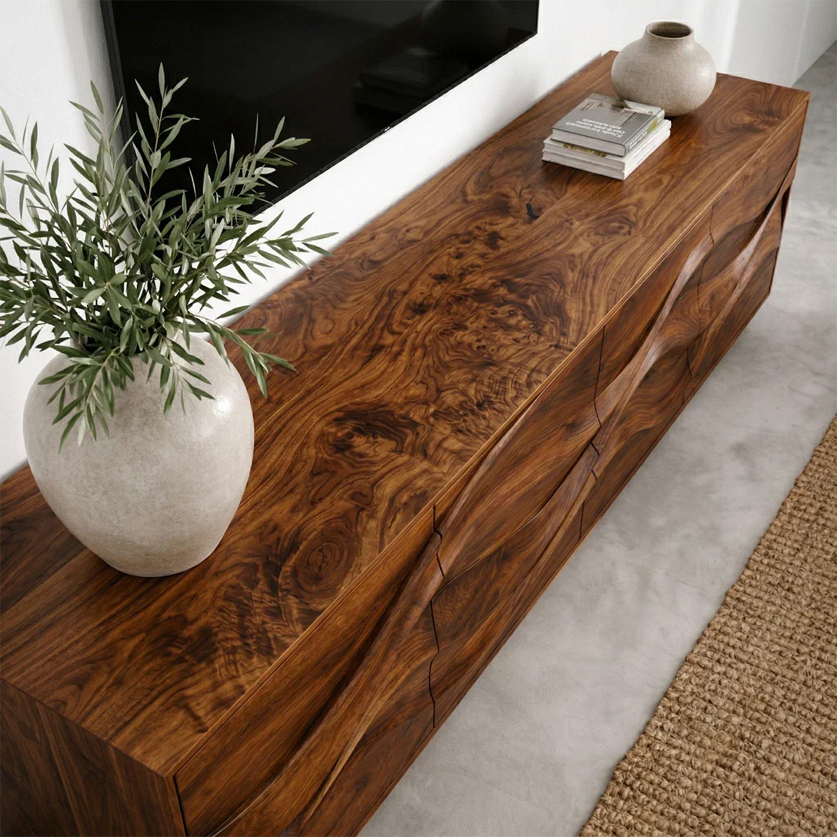 Sculptural Wave Front Solid Wood TV Stand with Storage Cabinets - Elitegemse