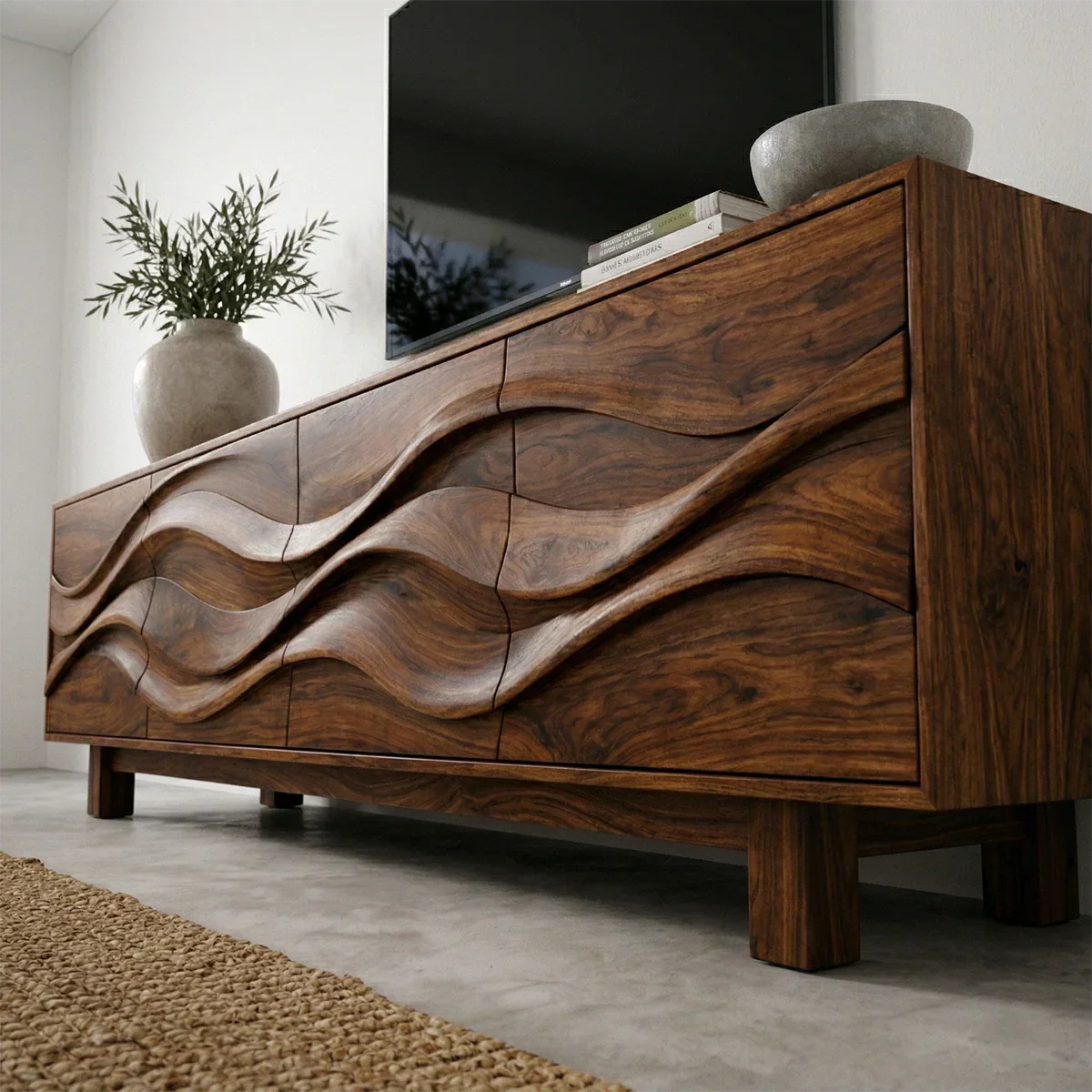 Sculptural Wave Front Solid Wood TV Stand with Storage Cabinets - Elitegemse