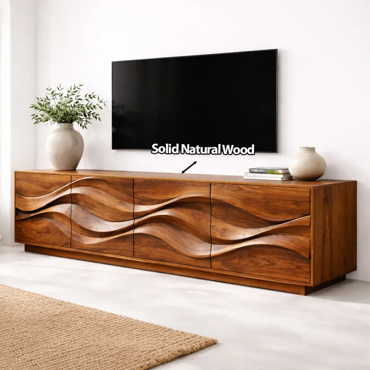 Sculptural Wave Front Solid Wood TV Stand with Storage Cabinets - Elitegemse