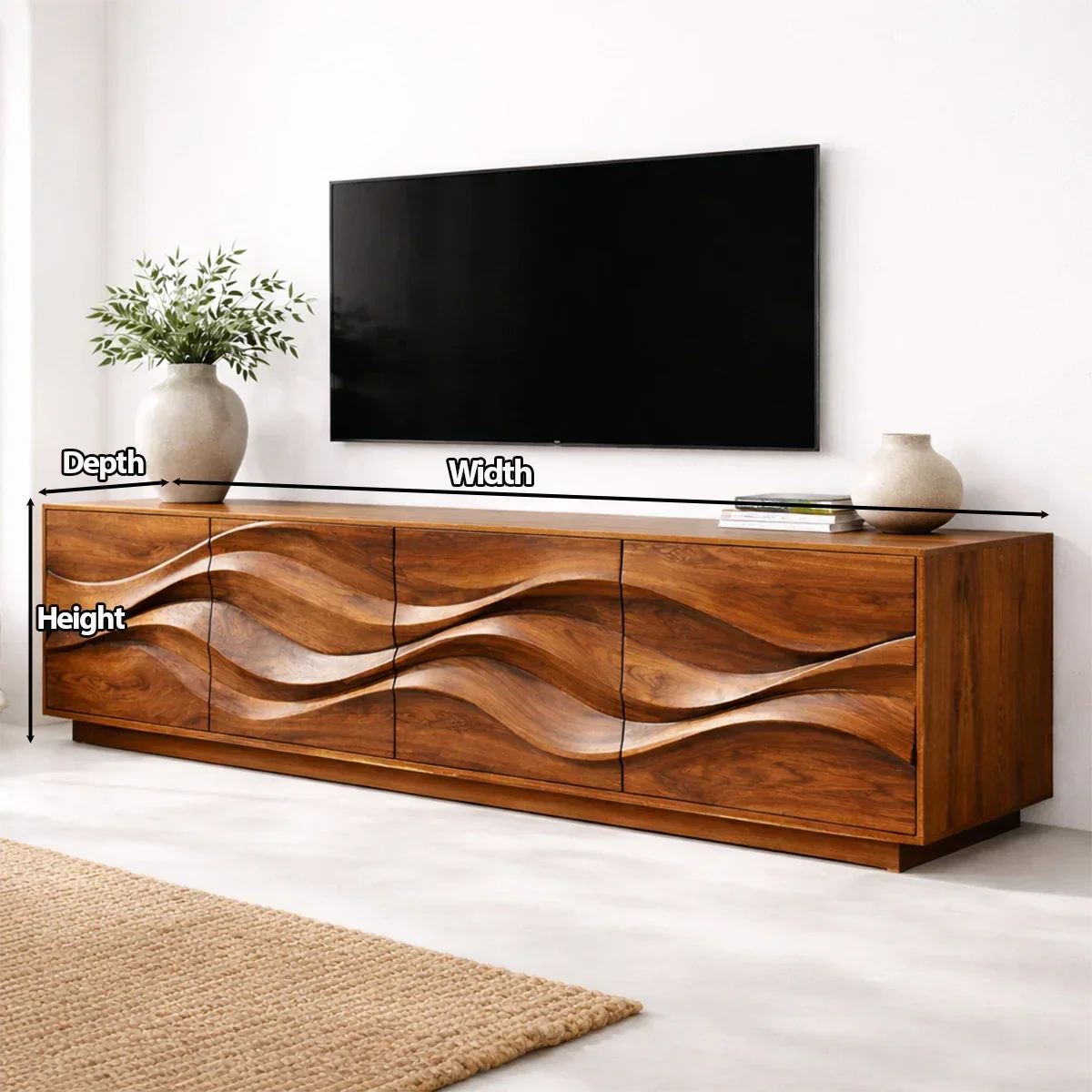 Sculptural Wave Front Solid Wood TV Stand with Storage Cabinets - Elitegemse