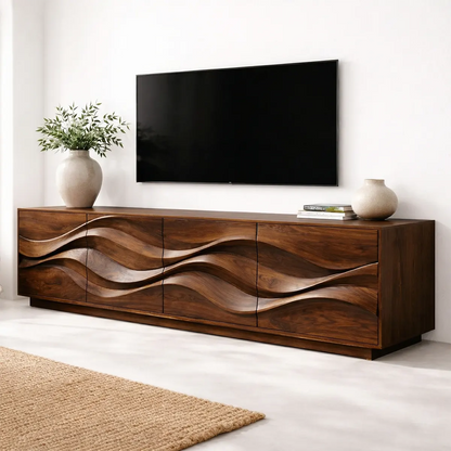 Sculptural Wave Front Solid Wood TV Stand with Storage Cabinets - Elitegemse