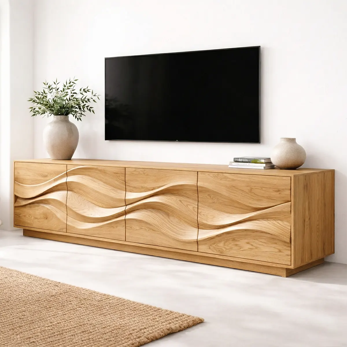 Sculptural Wave Front Solid Wood TV Stand with Storage Cabinets - Elitegemse