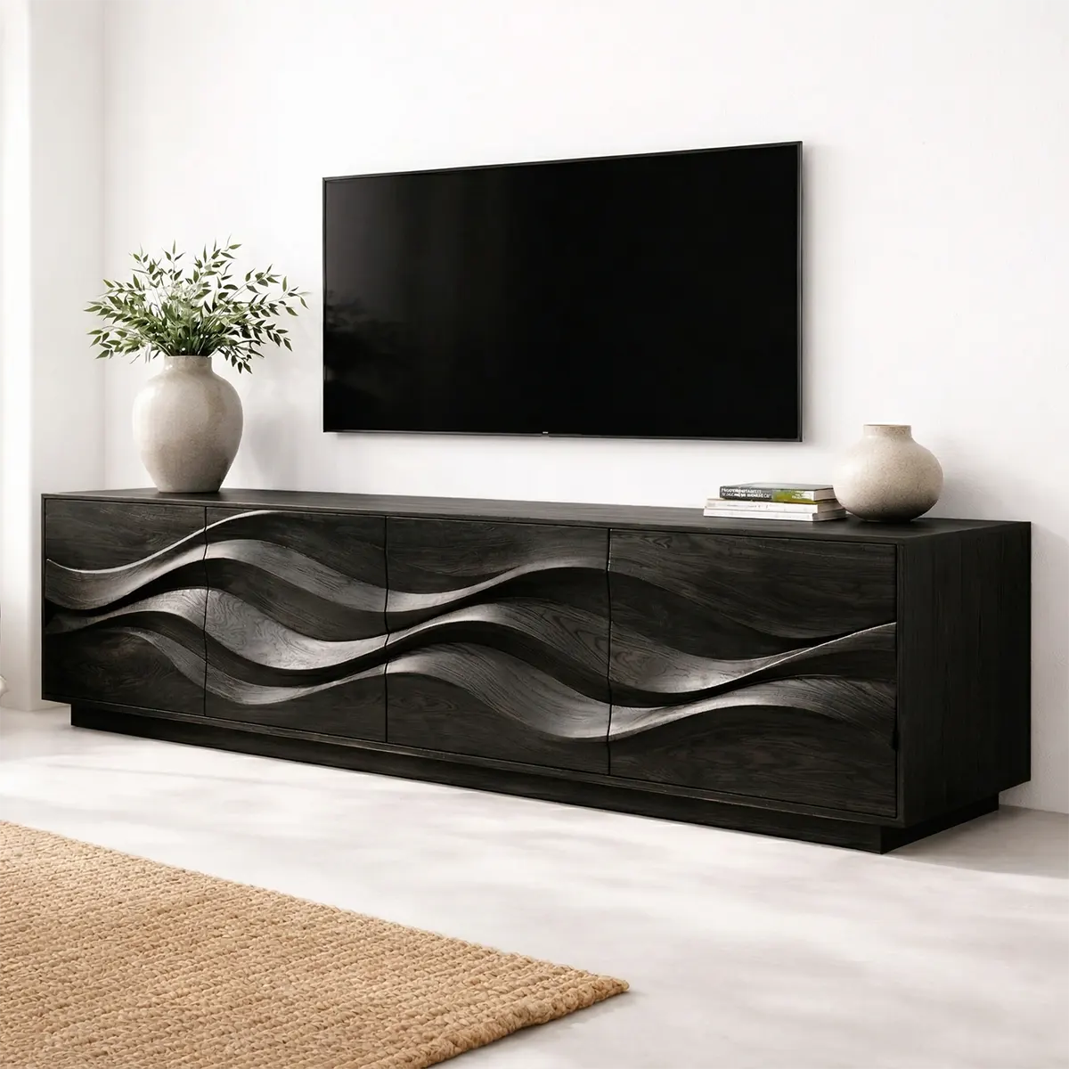 Sculptural Wave Front Solid Wood TV Stand with Storage Cabinets - Elitegemse