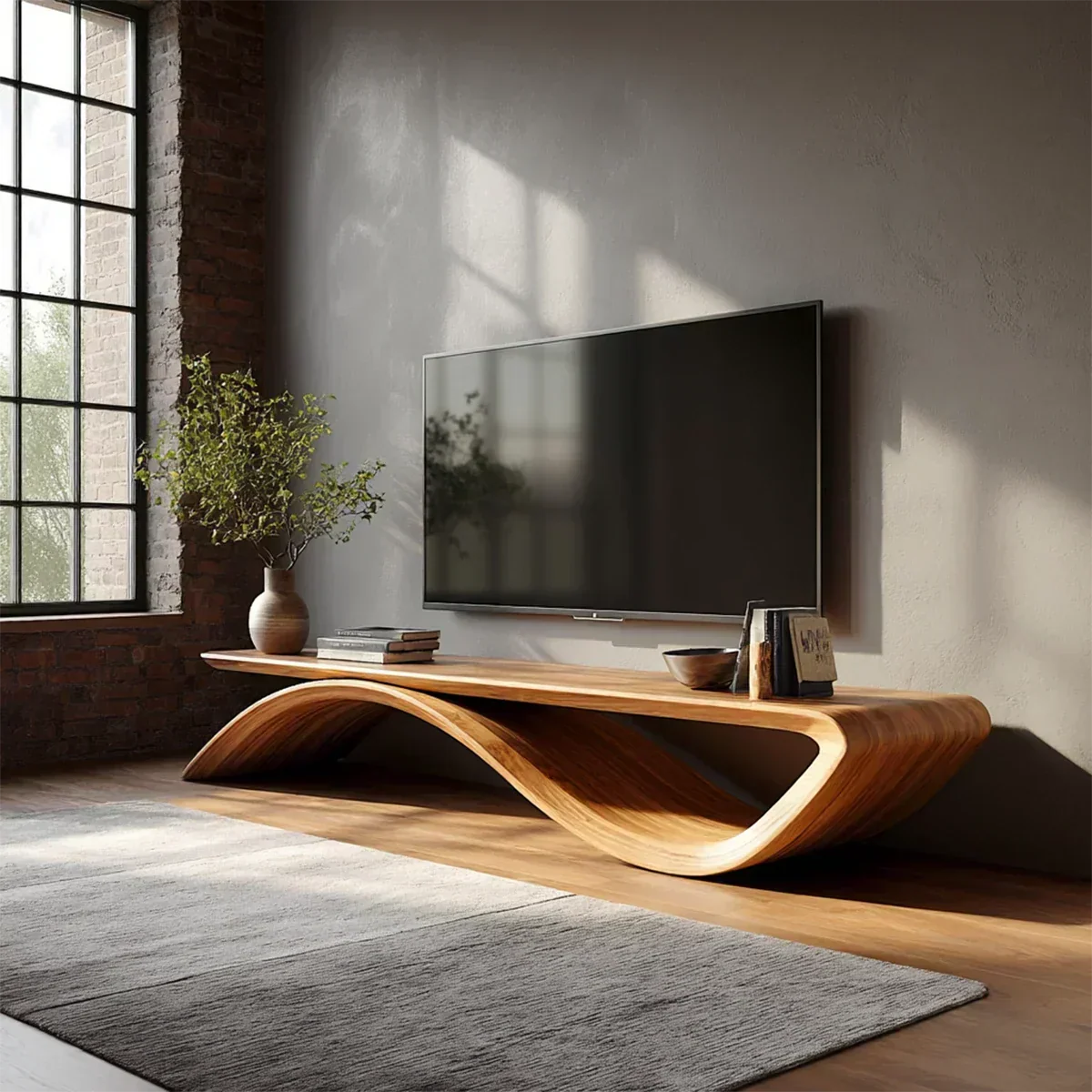 Sculptural Wave Natural Solid Wood TV Stand with Open Base Design - Woodenecho