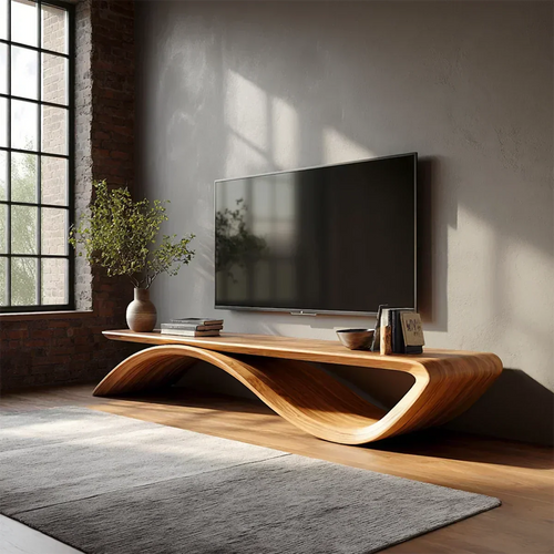 Sculptural Wave Natural Solid Wood TV Stand with Open Base Design - Woodenecho
