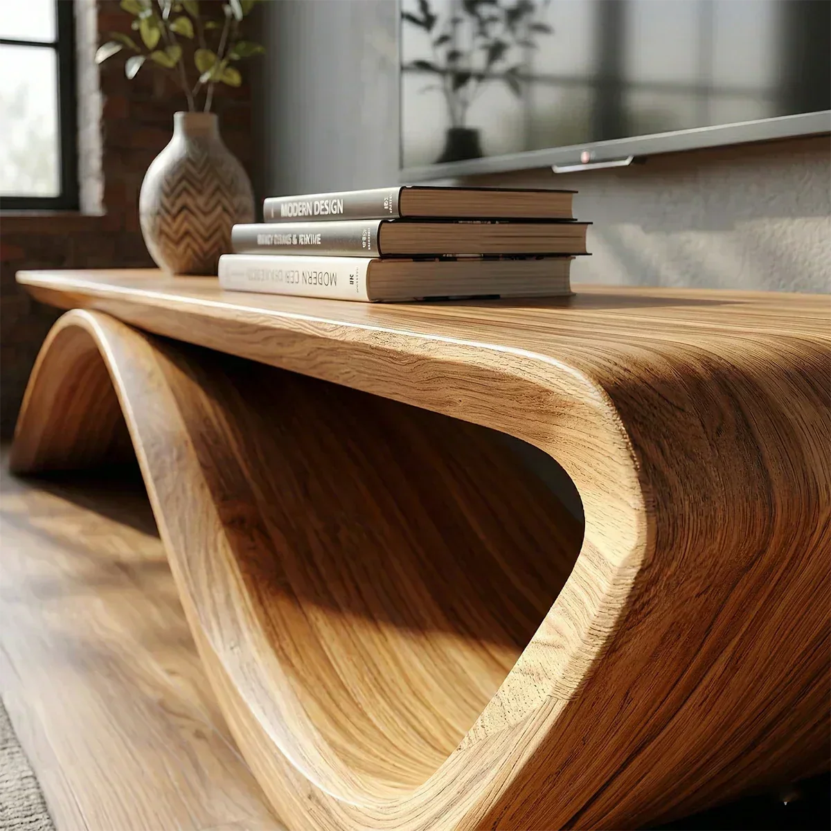 Sculptural Wave Natural Solid Wood TV Stand with Open Base Design - Woodenecho
