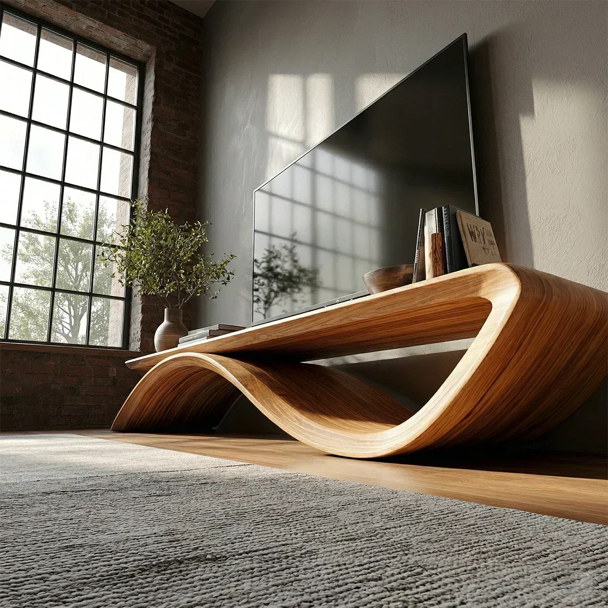 Sculptural Wave Natural Solid Wood TV Stand with Open Base Design - Woodenecho