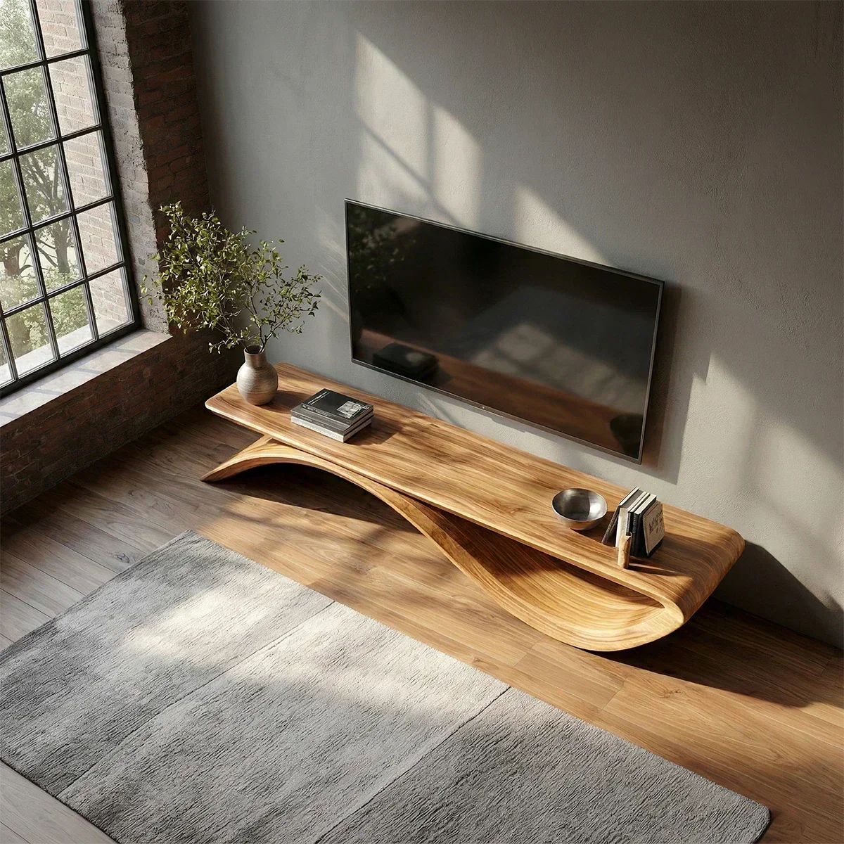 Sculptural Wave Natural Solid Wood TV Stand with Open Base Design - Woodenecho