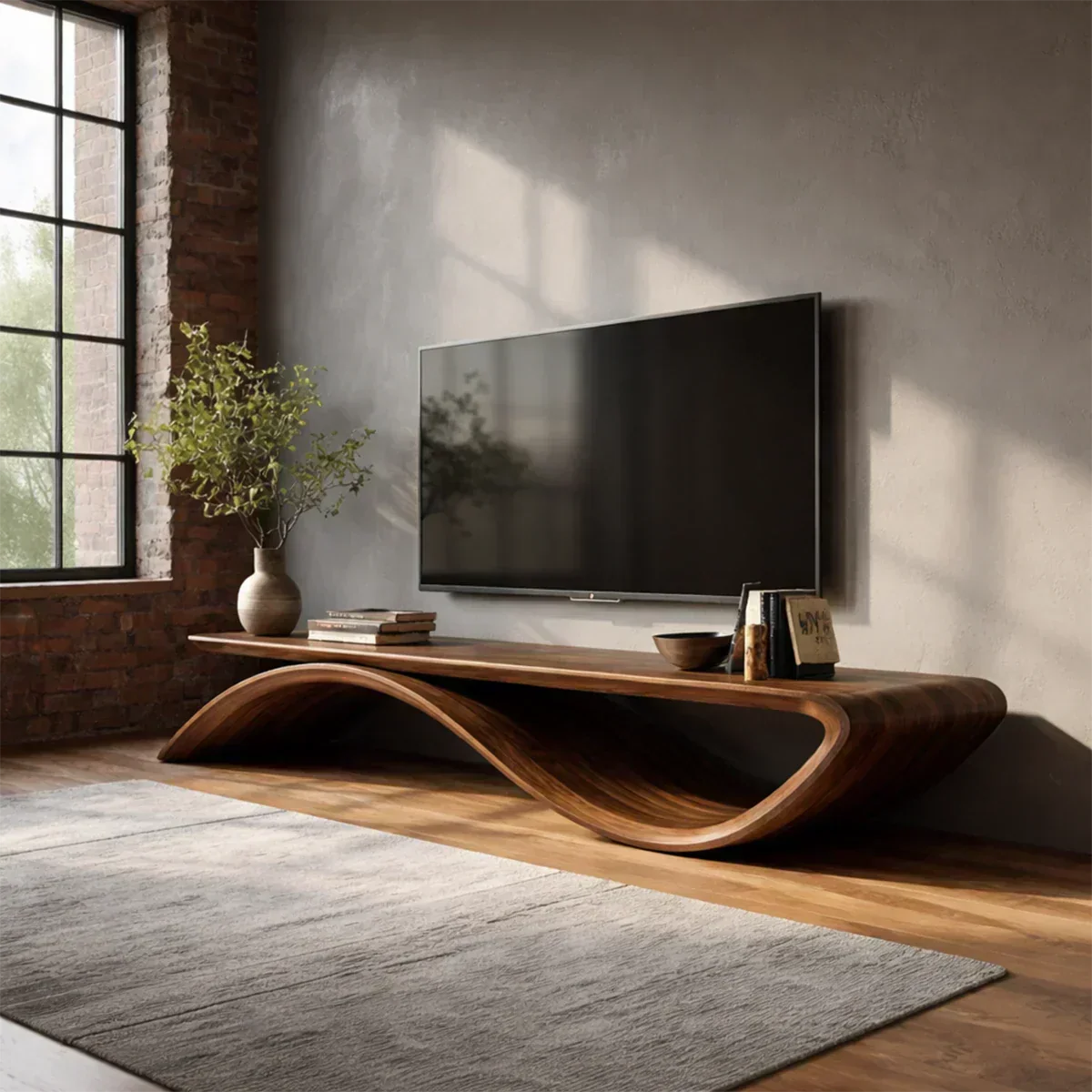 Sculptural Wave Natural Solid Wood TV Stand with Open Base Design - Woodenecho