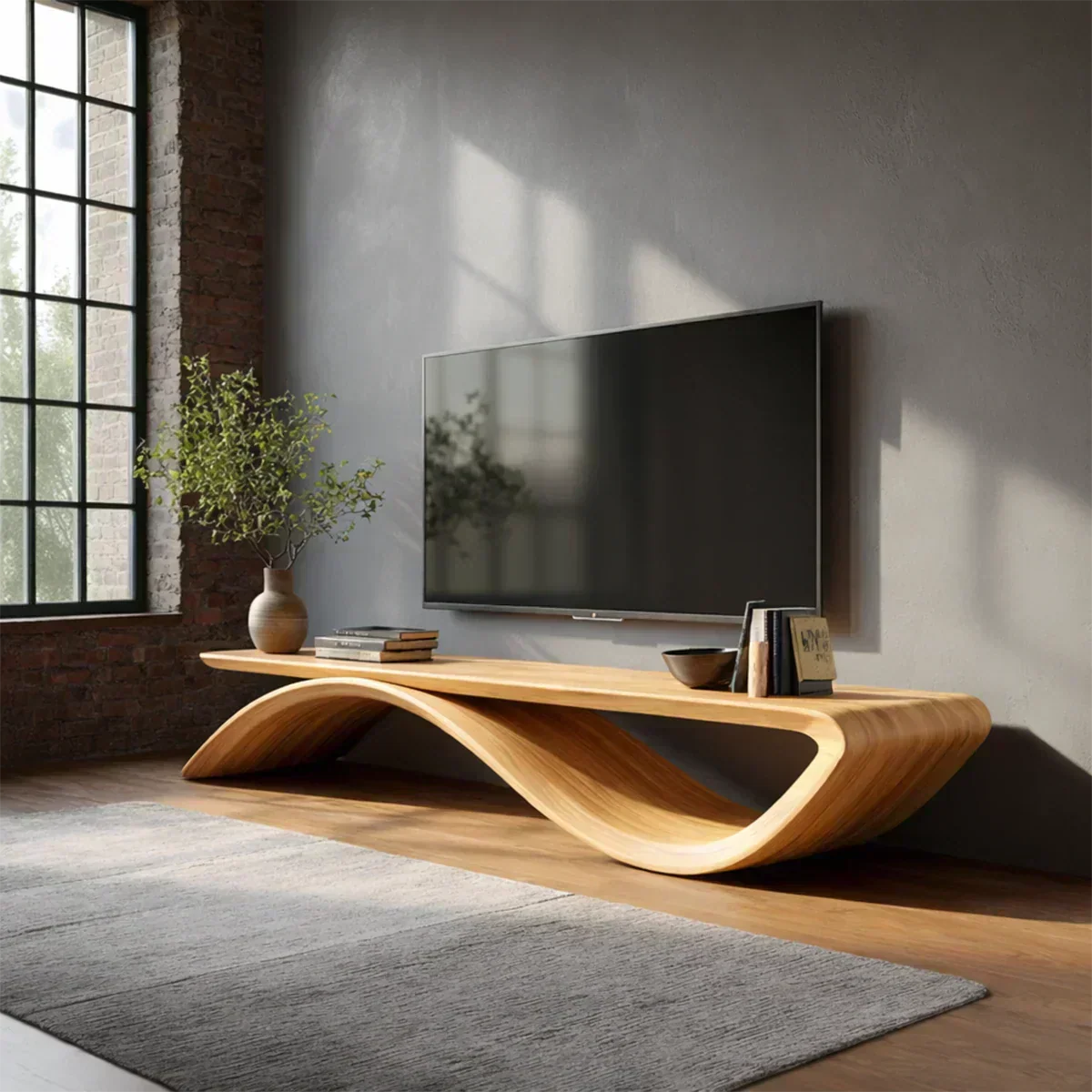 Sculptural Wave Natural Solid Wood TV Stand with Open Base Design - Woodenecho