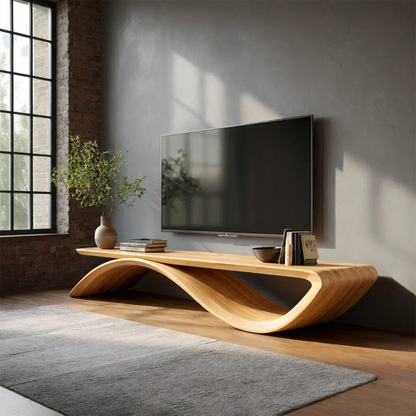 Sculptural Wave Natural Solid Wood TV Stand with Open Base Design - Woodenecho